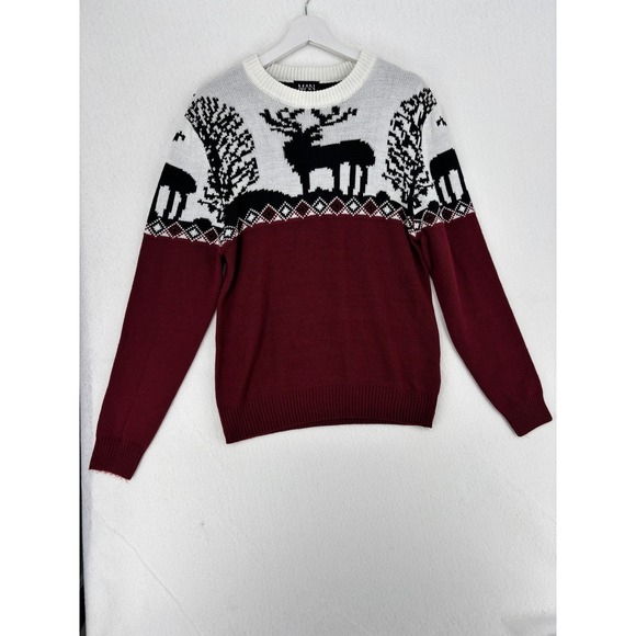 BoohooMAN Men's Reindeer Christmas Sweater Red White Black Size M - Picture 11 of 11